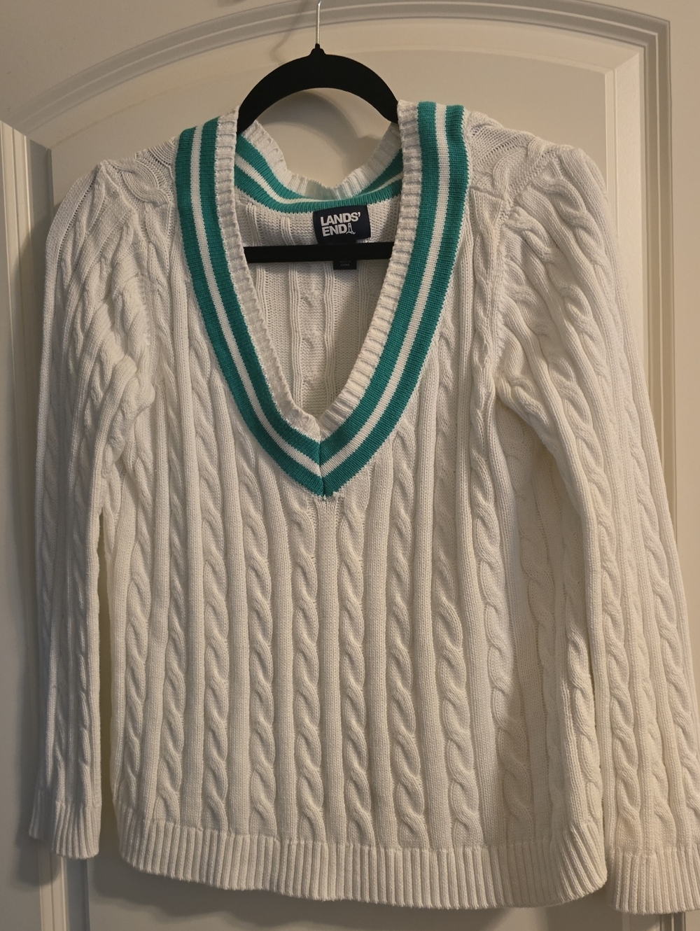 Lands' End White Cable-Knit V-Neck Sweater with Teal Stripe